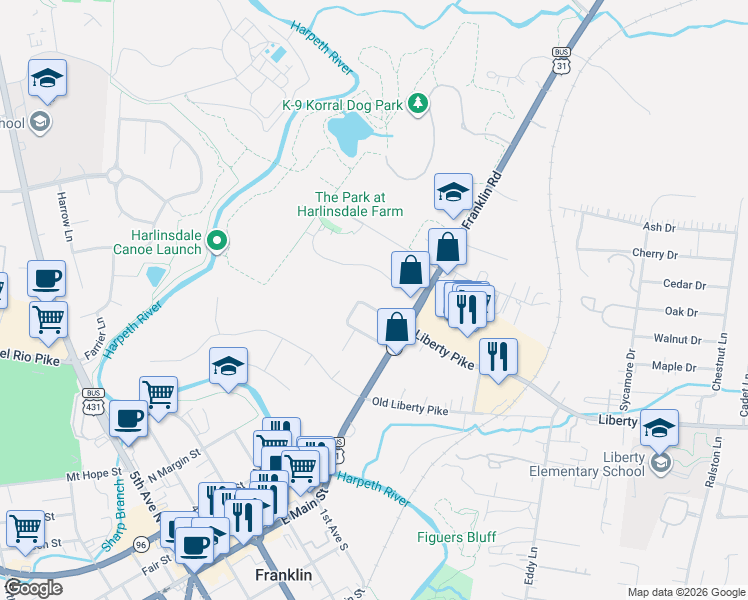 map of restaurants, bars, coffee shops, grocery stores, and more near 118 Winslow Road in Franklin