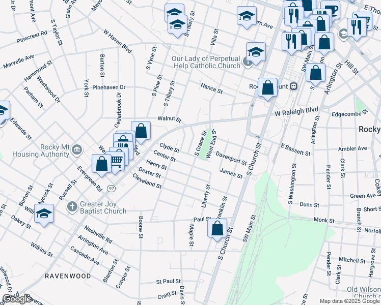 map of restaurants, bars, coffee shops, grocery stores, and more near 953 Lindsey Street in Rocky Mount