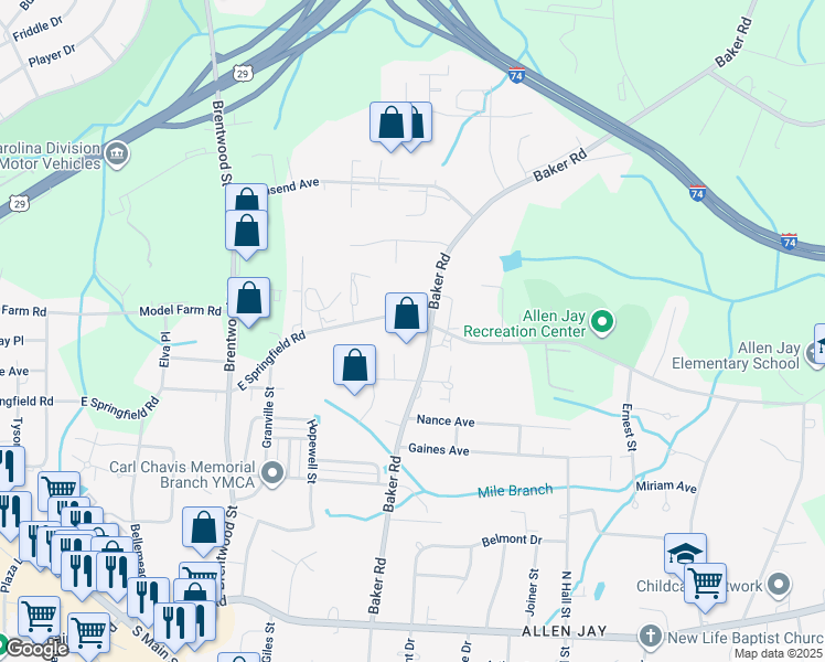 map of restaurants, bars, coffee shops, grocery stores, and more near 930 East Springfield Road in High Point