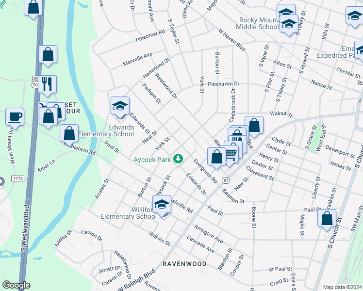 map of restaurants, bars, coffee shops, grocery stores, and more near 1101 Burton Street in Rocky Mount