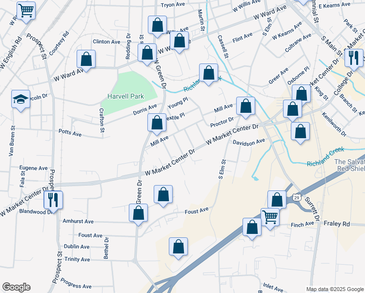 map of restaurants, bars, coffee shops, grocery stores, and more near 1615 Walker Place in High Point