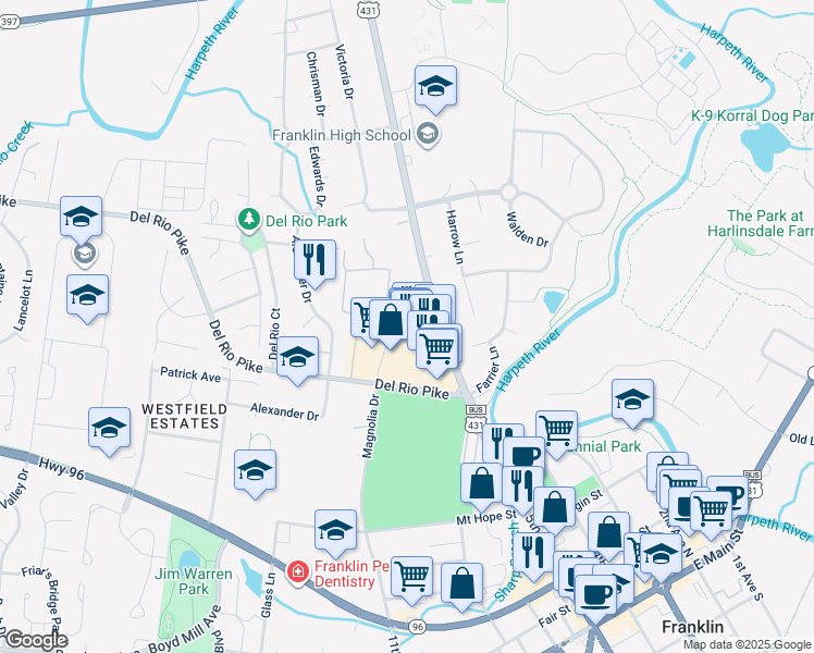 map of restaurants, bars, coffee shops, grocery stores, and more near 613 Hillsboro Road in Franklin
