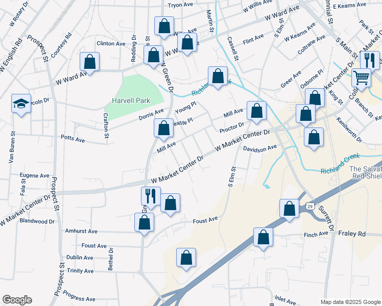 map of restaurants, bars, coffee shops, grocery stores, and more near 1615 Walker Place in High Point