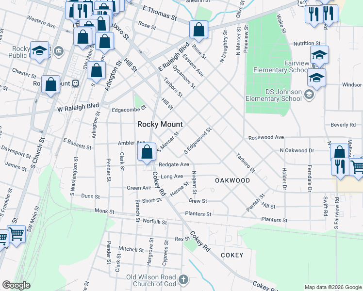 map of restaurants, bars, coffee shops, grocery stores, and more near 804-808 Marigold Street in Rocky Mount