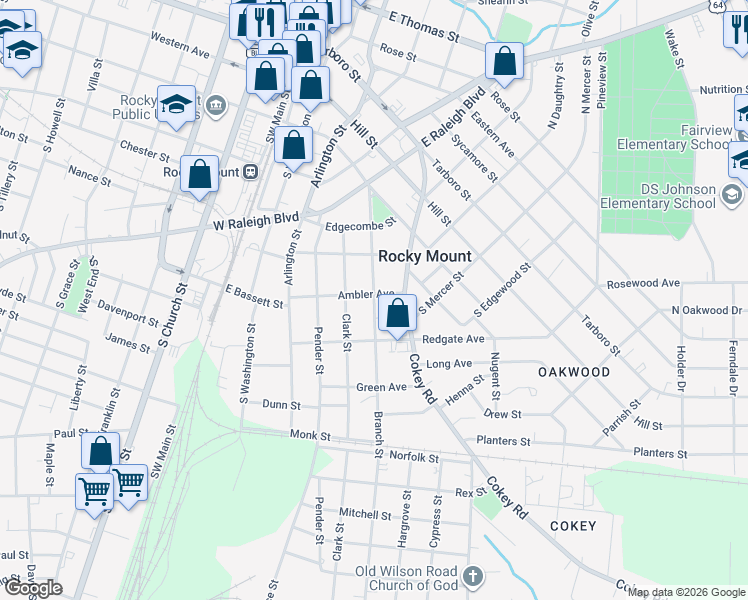 map of restaurants, bars, coffee shops, grocery stores, and more near 626 Branch Street in Rocky Mount