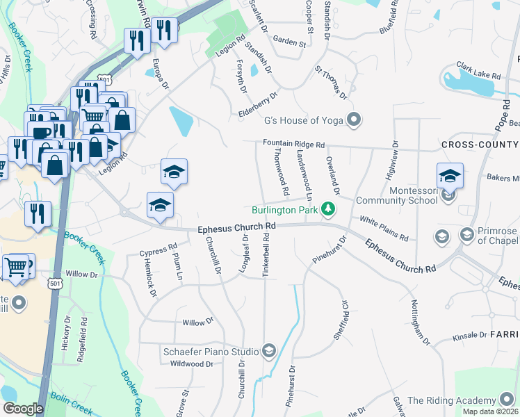 map of restaurants, bars, coffee shops, grocery stores, and more near 1603 Ferrell Road in Chapel Hill