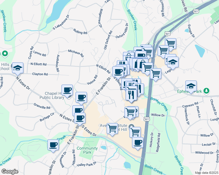 map of restaurants, bars, coffee shops, grocery stores, and more near 1609 East Franklin Street in Chapel Hill