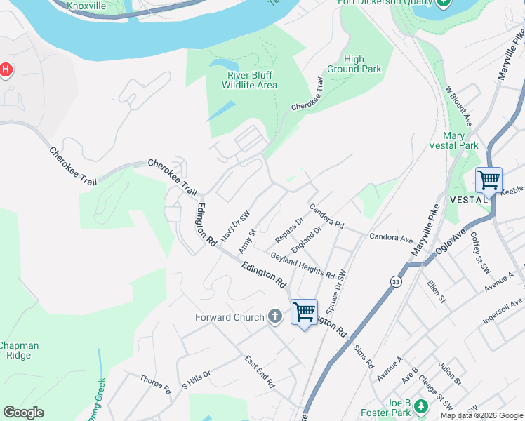 map of restaurants, bars, coffee shops, grocery stores, and more near 1200 Navy Drive Southwest in Knoxville