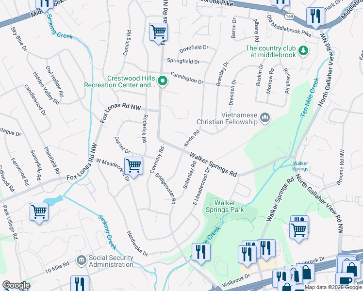 map of restaurants, bars, coffee shops, grocery stores, and more near 820 Walker Springs Road in Knoxville