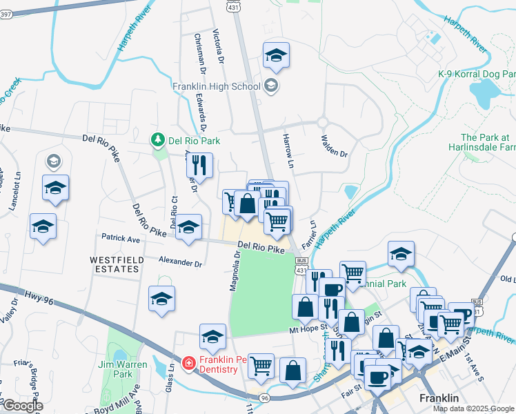 map of restaurants, bars, coffee shops, grocery stores, and more near 613 Hillsboro Road in Franklin