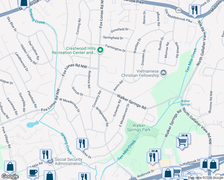 map of restaurants, bars, coffee shops, grocery stores, and more near 820 Walker Springs Road in Knoxville