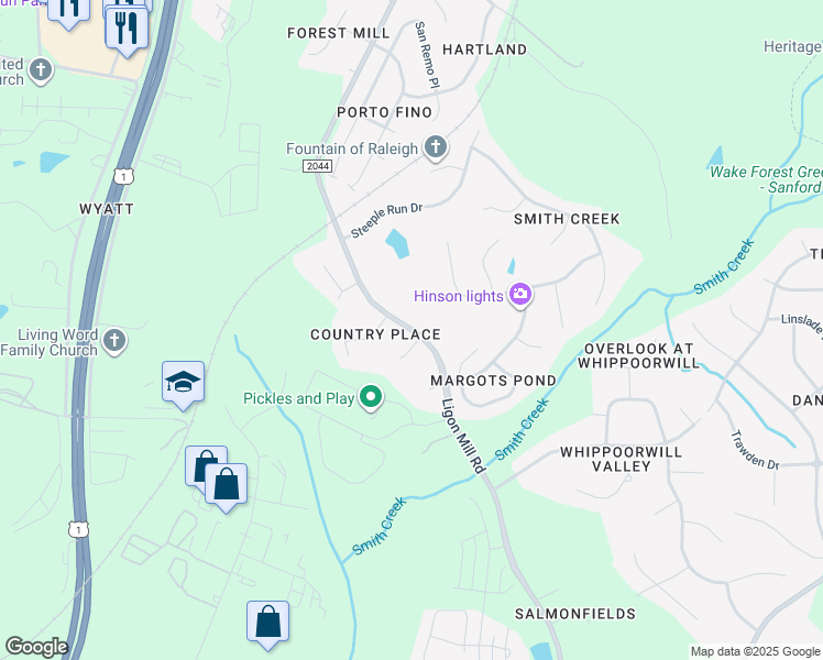 map of restaurants, bars, coffee shops, grocery stores, and more near Ligon Mill Road in Wake Forest