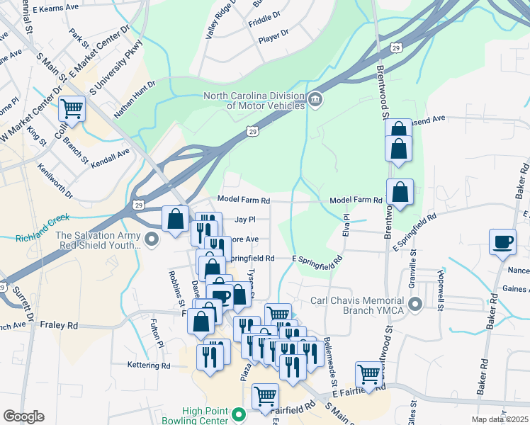 map of restaurants, bars, coffee shops, grocery stores, and more near 228 Model Farm Road in High Point
