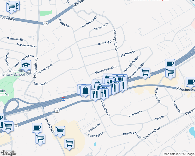 map of restaurants, bars, coffee shops, grocery stores, and more near West Arbor Trace Drive in Knoxville