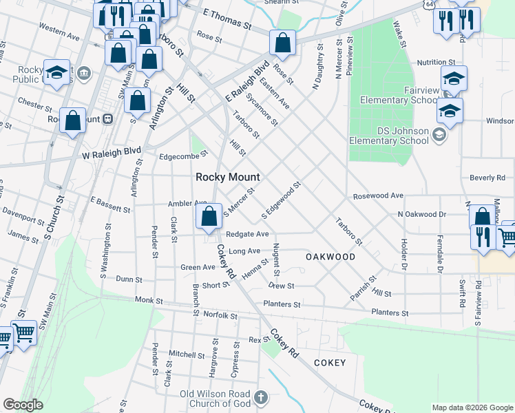 map of restaurants, bars, coffee shops, grocery stores, and more near 804-808 Marigold Street in Rocky Mount