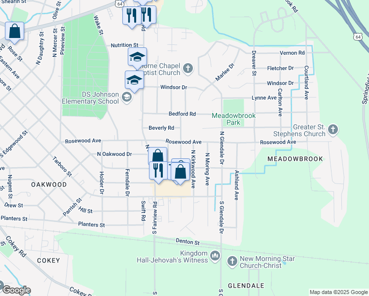 map of restaurants, bars, coffee shops, grocery stores, and more near 1601 Rosewood Avenue in Rocky Mount