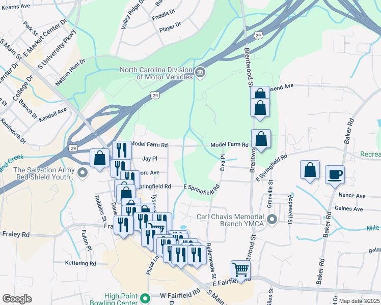 map of restaurants, bars, coffee shops, grocery stores, and more near 319 Model Farm Road in High Point
