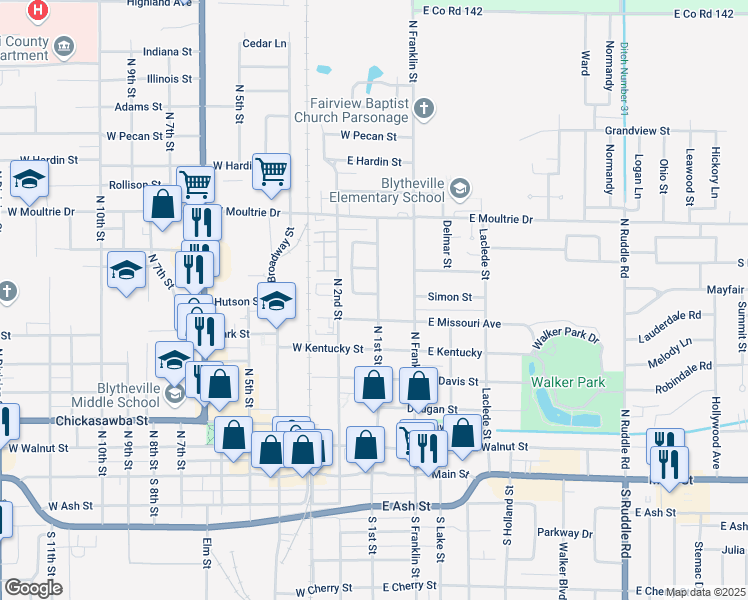 map of restaurants, bars, coffee shops, grocery stores, and more near 700 North 1st Street in Blytheville
