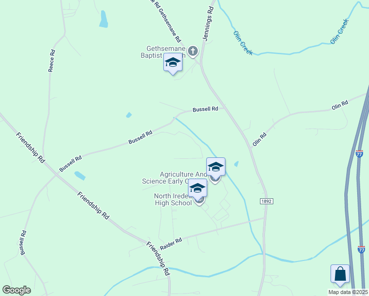 map of restaurants, bars, coffee shops, grocery stores, and more near 612 Bussell Road in Olin
