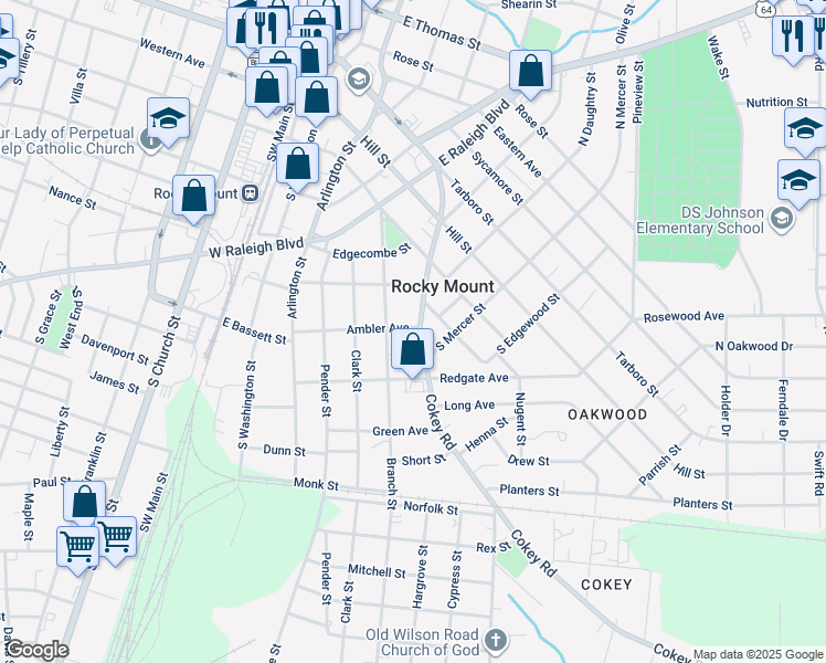 map of restaurants, bars, coffee shops, grocery stores, and more near 500 Cokey Road in Rocky Mount