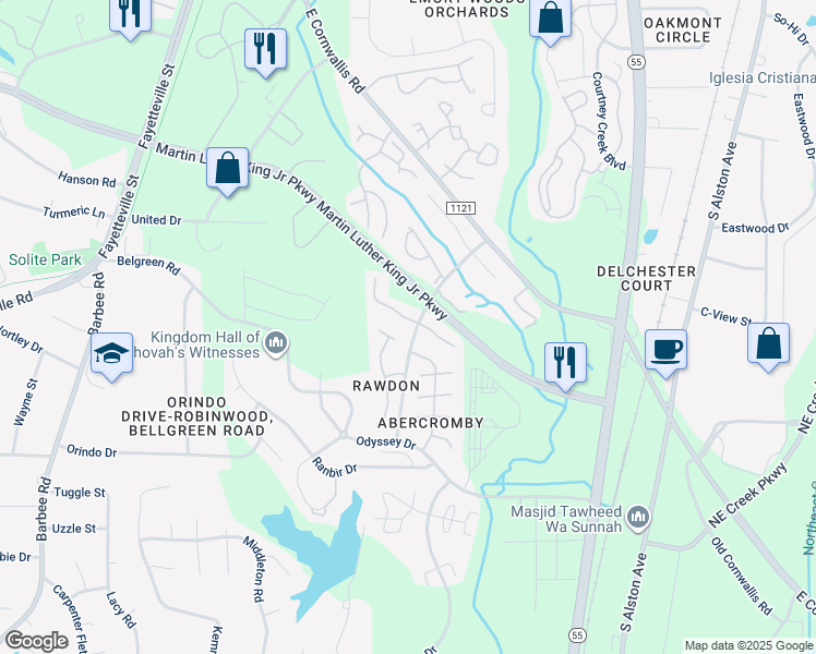 map of restaurants, bars, coffee shops, grocery stores, and more near 3405 Balfour West in Durham