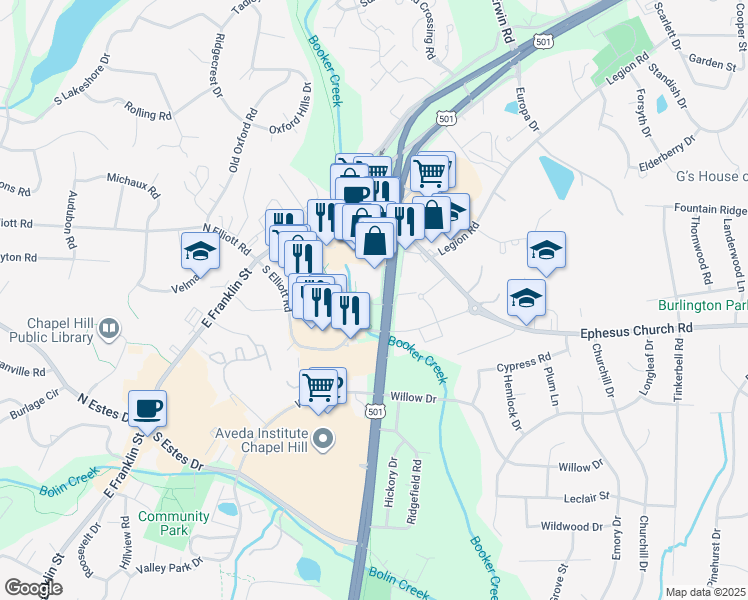 map of restaurants, bars, coffee shops, grocery stores, and more near 1300 Fordham Boulevard in Chapel Hill