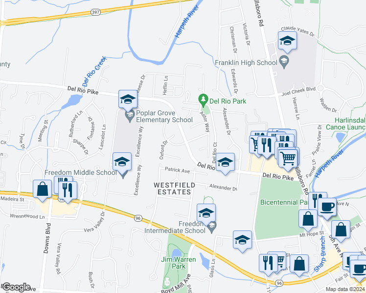map of restaurants, bars, coffee shops, grocery stores, and more near 515 Bancroft Way in Franklin