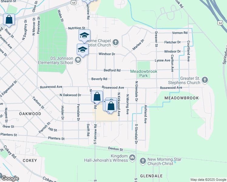 map of restaurants, bars, coffee shops, grocery stores, and more near 1601 Rosewood Avenue in Rocky Mount