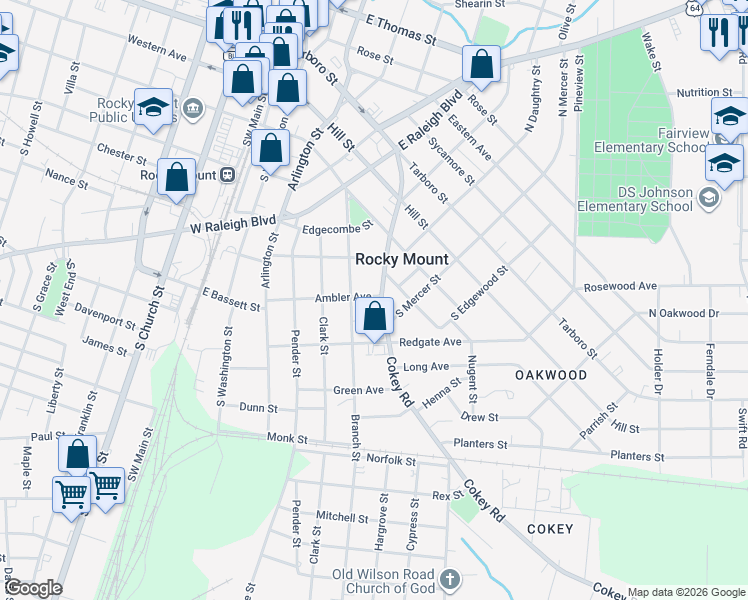map of restaurants, bars, coffee shops, grocery stores, and more near 620 Ambler Avenue in Rocky Mount