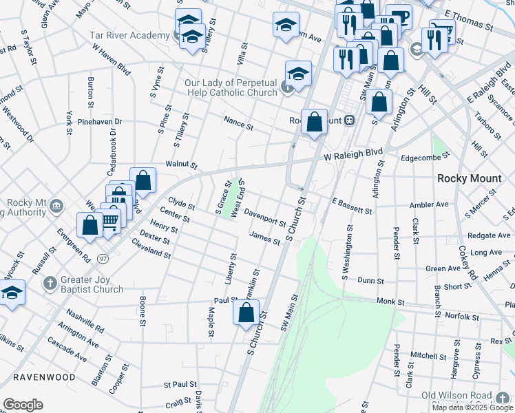map of restaurants, bars, coffee shops, grocery stores, and more near 804 Belvedere Street in Rocky Mount