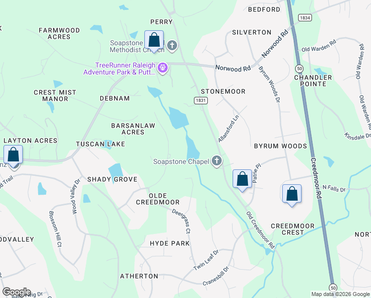 map of restaurants, bars, coffee shops, grocery stores, and more near 10305 Old Creedmoor Road in Raleigh