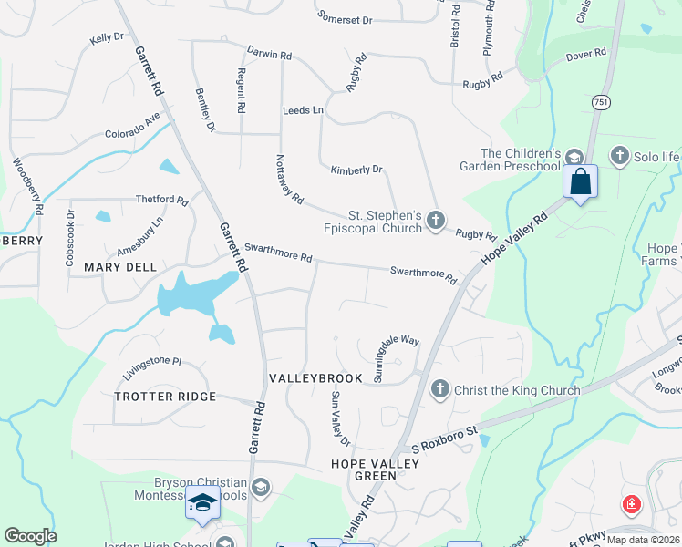 map of restaurants, bars, coffee shops, grocery stores, and more near 3818 Swarthmore Road in Durham