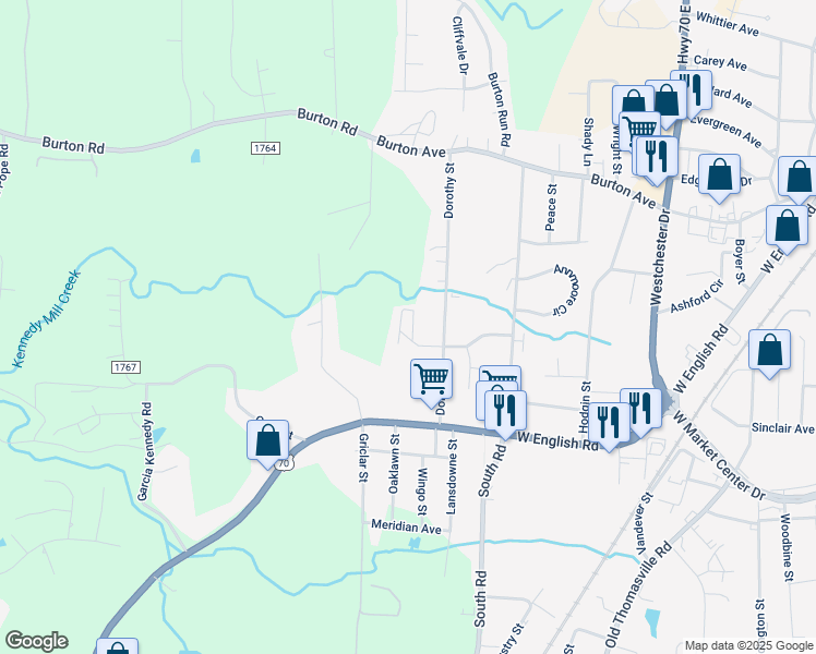 map of restaurants, bars, coffee shops, grocery stores, and more near 211 Dorothy Street in High Point