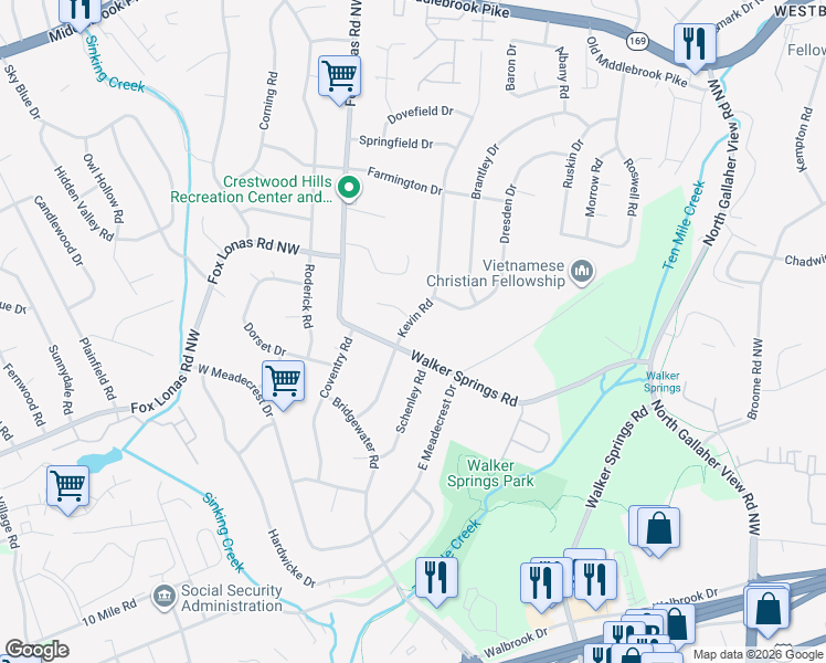 map of restaurants, bars, coffee shops, grocery stores, and more near 908 Kevin Road in Knoxville