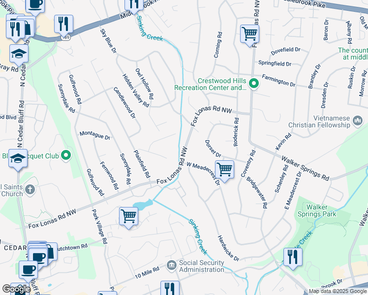 map of restaurants, bars, coffee shops, grocery stores, and more near 8919 Fox Lonas Road Northwest in Knoxville