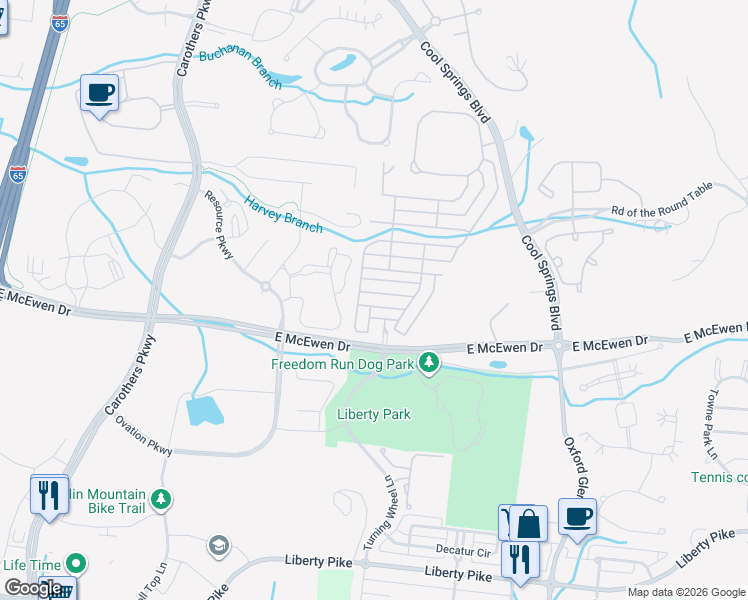 map of restaurants, bars, coffee shops, grocery stores, and more near 1213 Stoneypoint Lane in Franklin