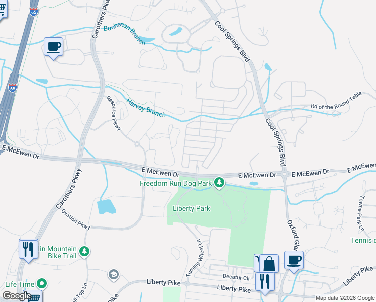 map of restaurants, bars, coffee shops, grocery stores, and more near 1213 Stoneypoint Lane in Franklin