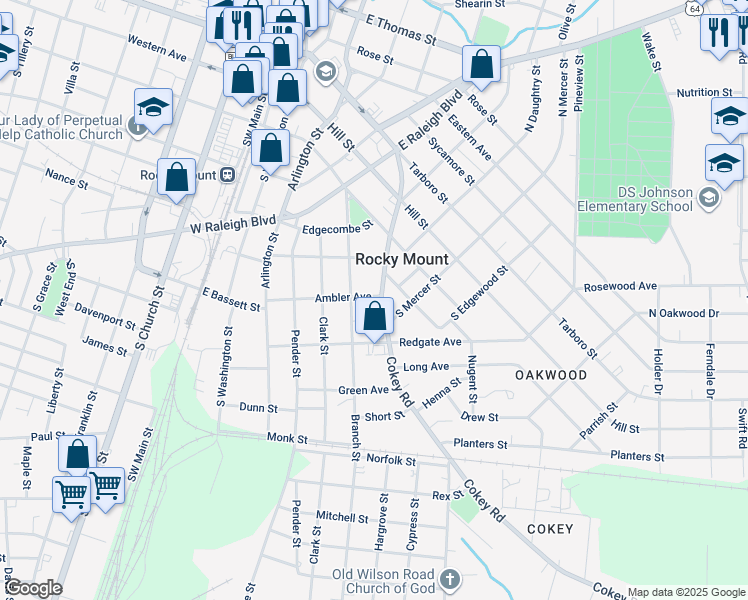 map of restaurants, bars, coffee shops, grocery stores, and more near 500 Cokey Road in Rocky Mount