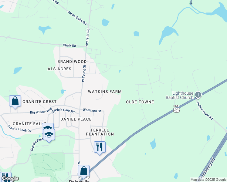 map of restaurants, bars, coffee shops, grocery stores, and more near 108 Blueberry Court in Rolesville