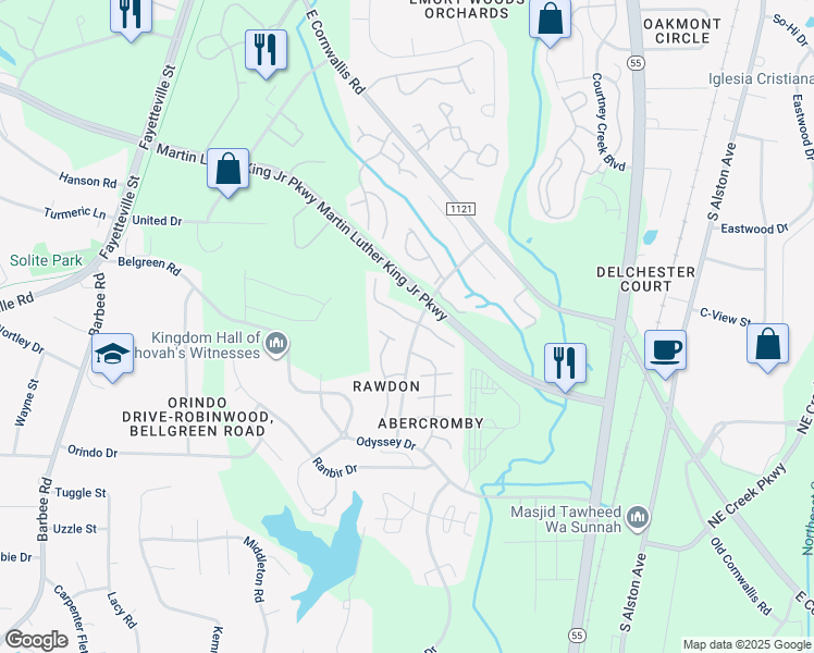 map of restaurants, bars, coffee shops, grocery stores, and more near 3405 Balfour West in Durham