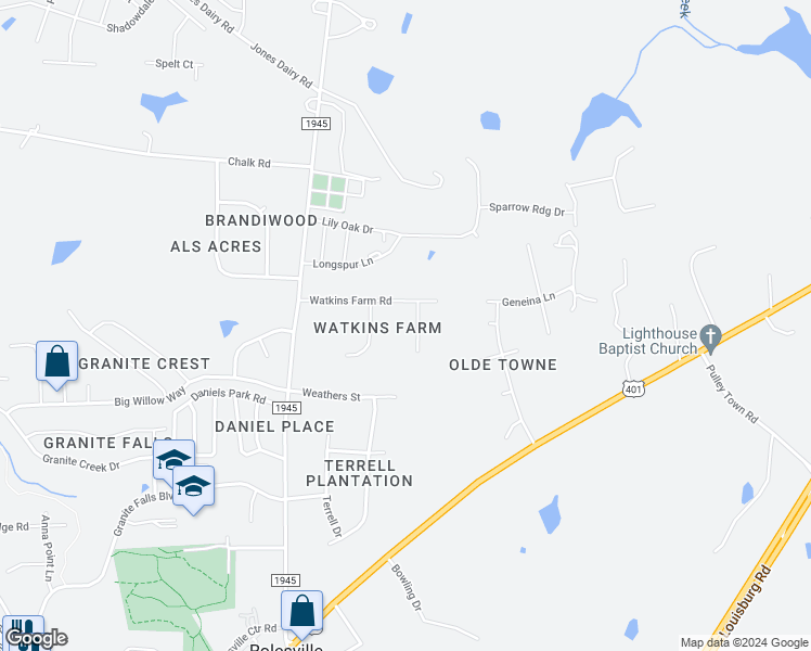 map of restaurants, bars, coffee shops, grocery stores, and more near 108 Blueberry Court in Rolesville