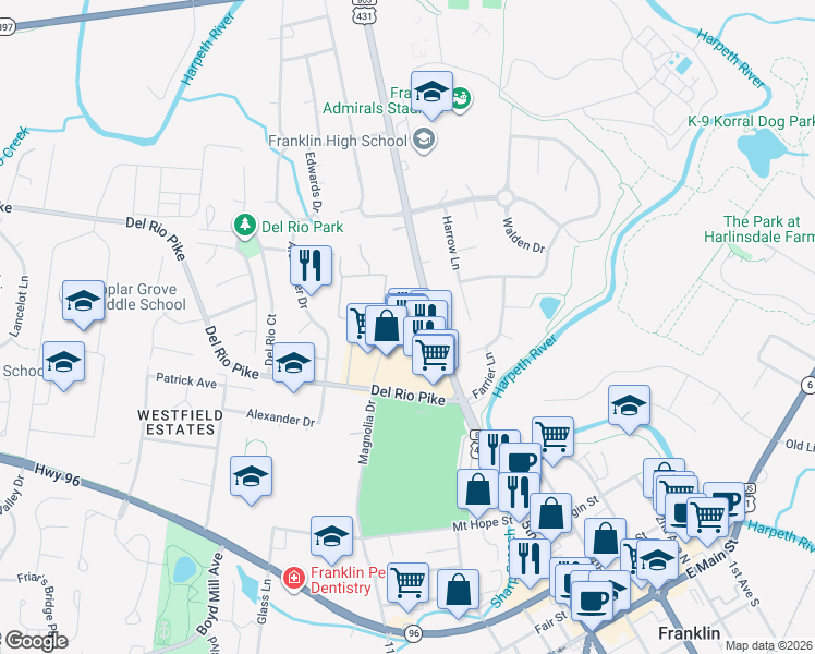map of restaurants, bars, coffee shops, grocery stores, and more near 613 Hillsboro Road in Franklin