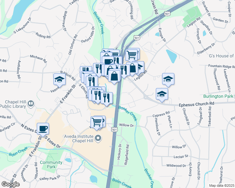 map of restaurants, bars, coffee shops, grocery stores, and more near 1300 Fordham Boulevard in Chapel Hill
