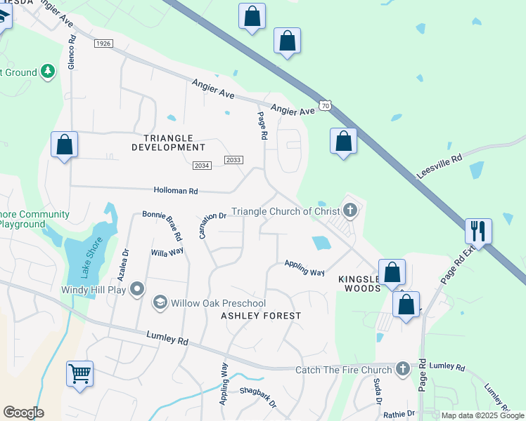 map of restaurants, bars, coffee shops, grocery stores, and more near 1613 Carnation Drive in Durham