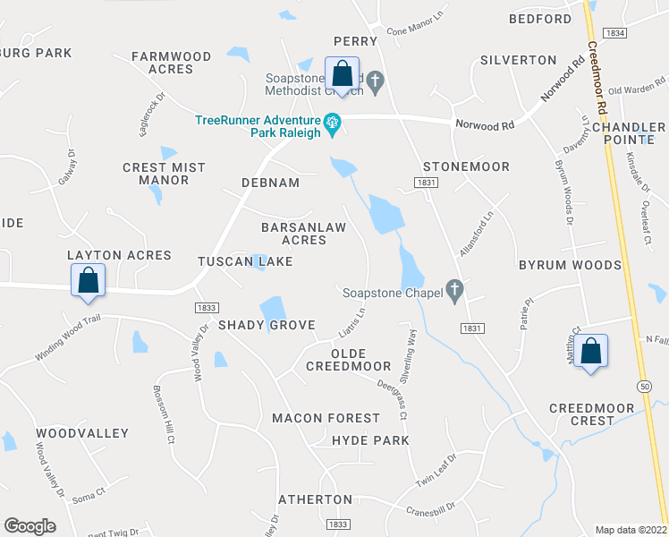 map of restaurants, bars, coffee shops, grocery stores, and more near 5216 Azure Lane in Raleigh