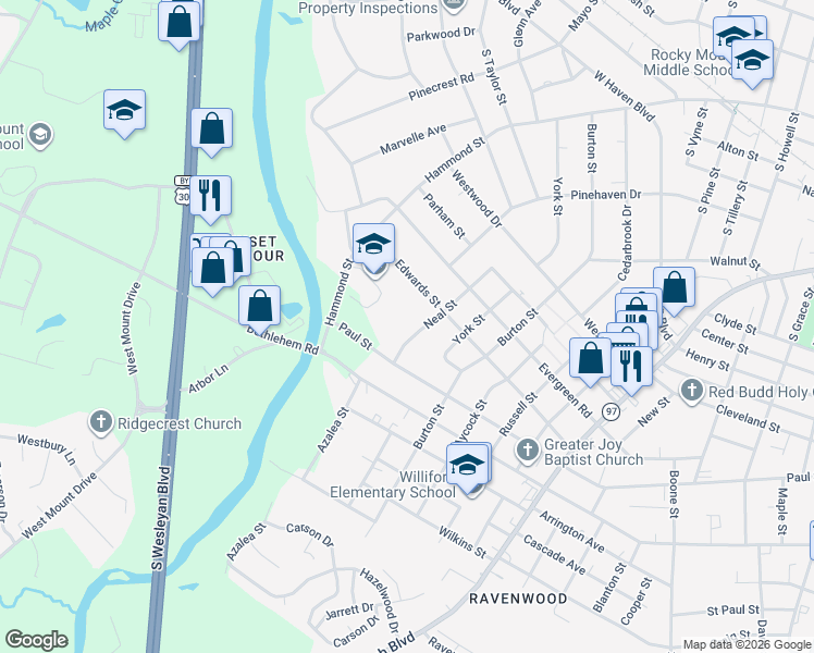 map of restaurants, bars, coffee shops, grocery stores, and more near 1216 Neal Street in Rocky Mount