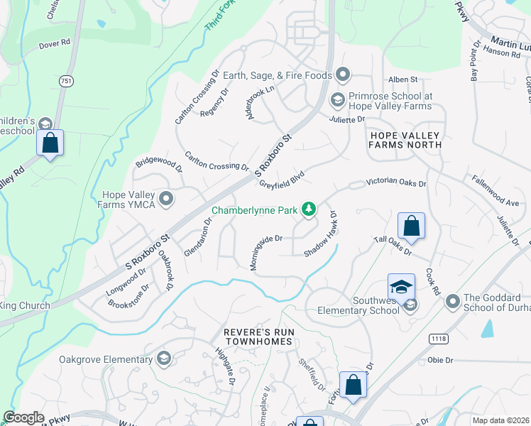map of restaurants, bars, coffee shops, grocery stores, and more near Kinney Glenn Court in Durham