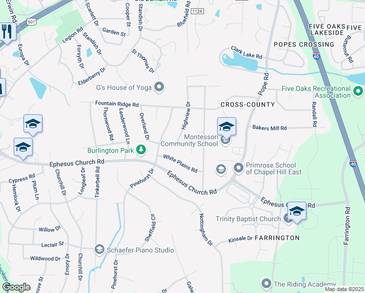 map of restaurants, bars, coffee shops, grocery stores, and more near 1910 Overland Drive in Chapel Hill
