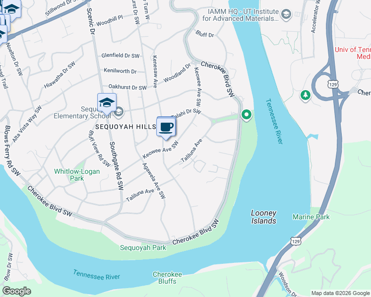map of restaurants, bars, coffee shops, grocery stores, and more near 3629 Taliluna Avenue in Knoxville