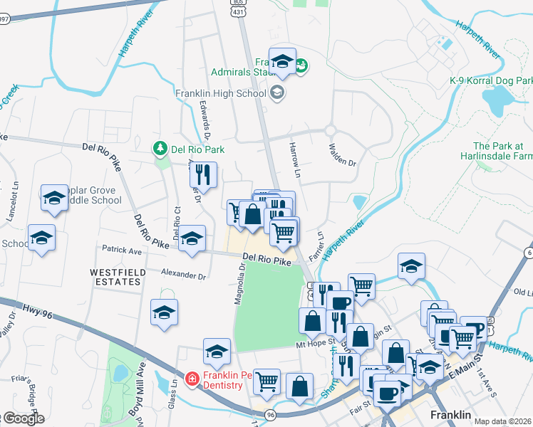 map of restaurants, bars, coffee shops, grocery stores, and more near 613 Hillsboro Road in Franklin